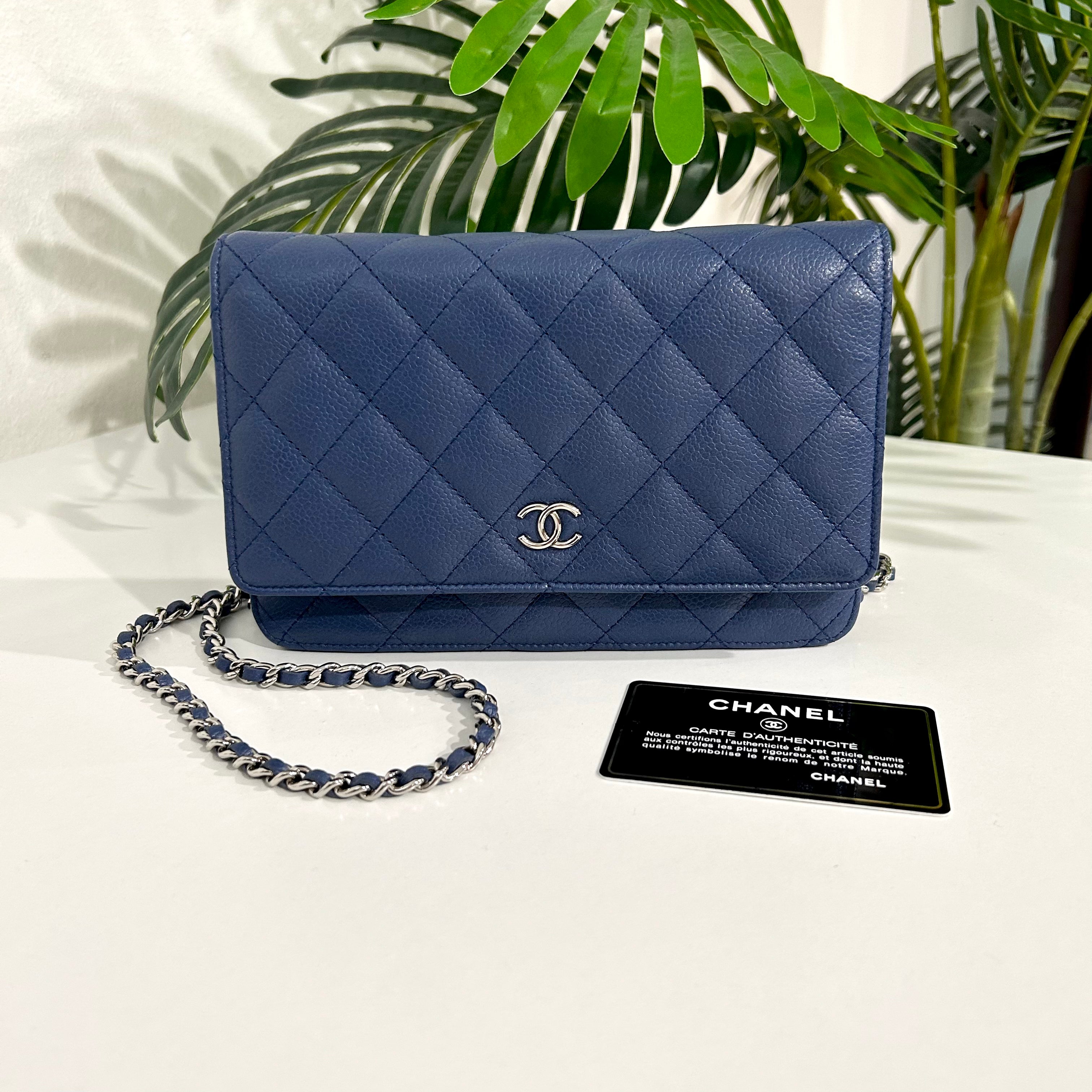 CHANEL Iridescent Caviar Quilted Wallet On Chain WOC Dark Blue