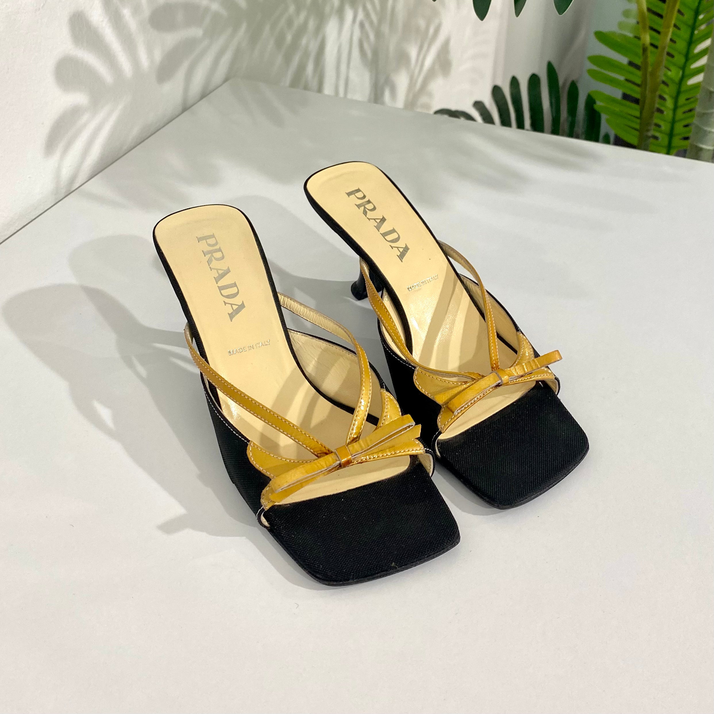 Prada Black and Gold Square Toe Sandals