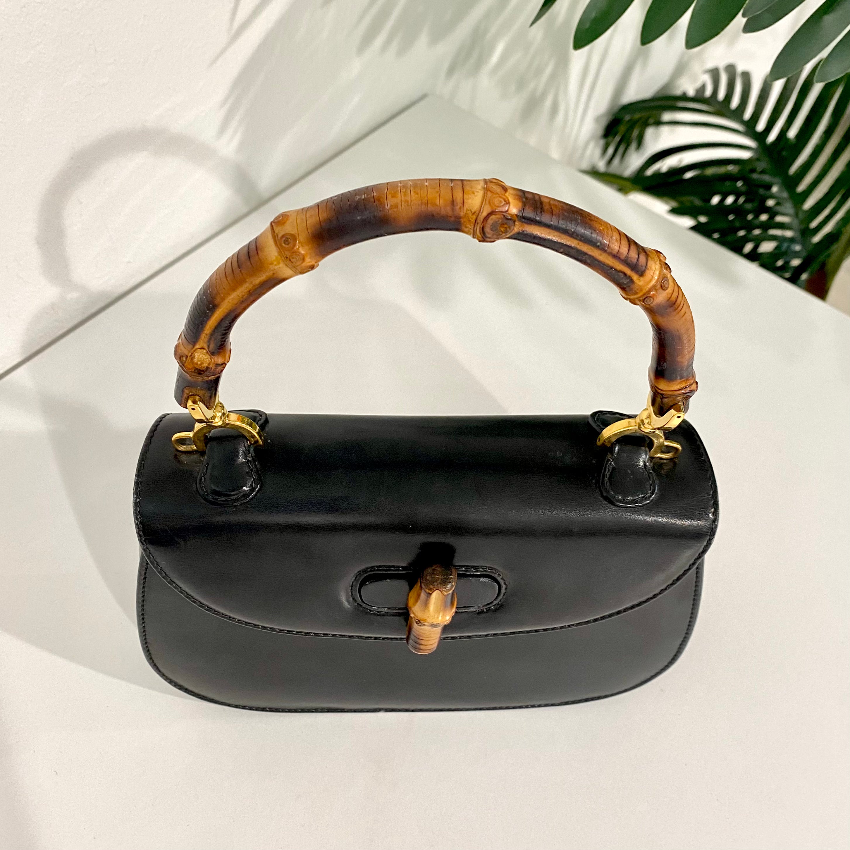 1970 Vintage Gucci Black Leather Purse Bag bamboo handle