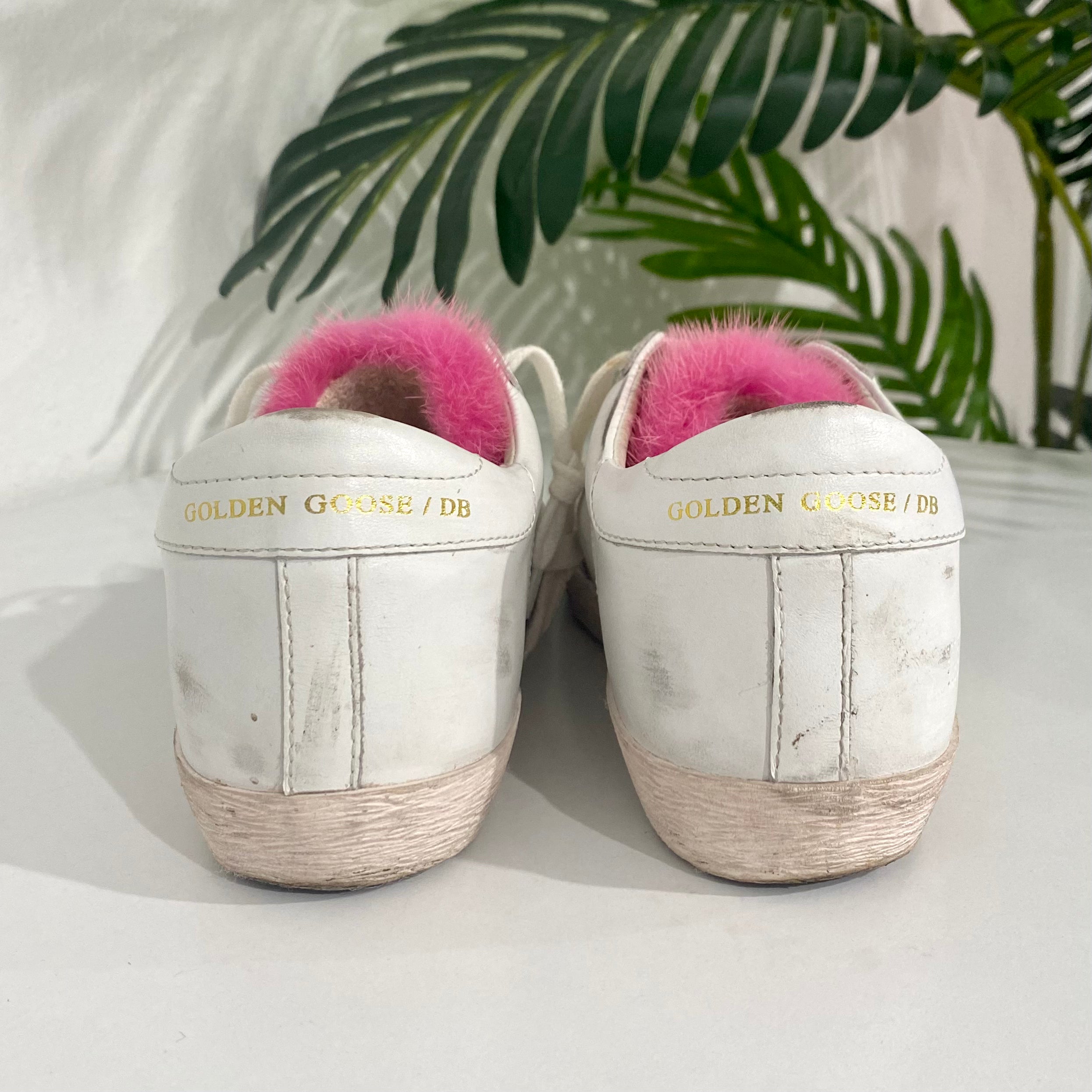 Golden Goose Pink Fur White Sneakers