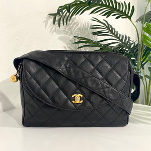 Vintage CHANEL 1996 Black Leather Quilted Camera Bag With Gold 