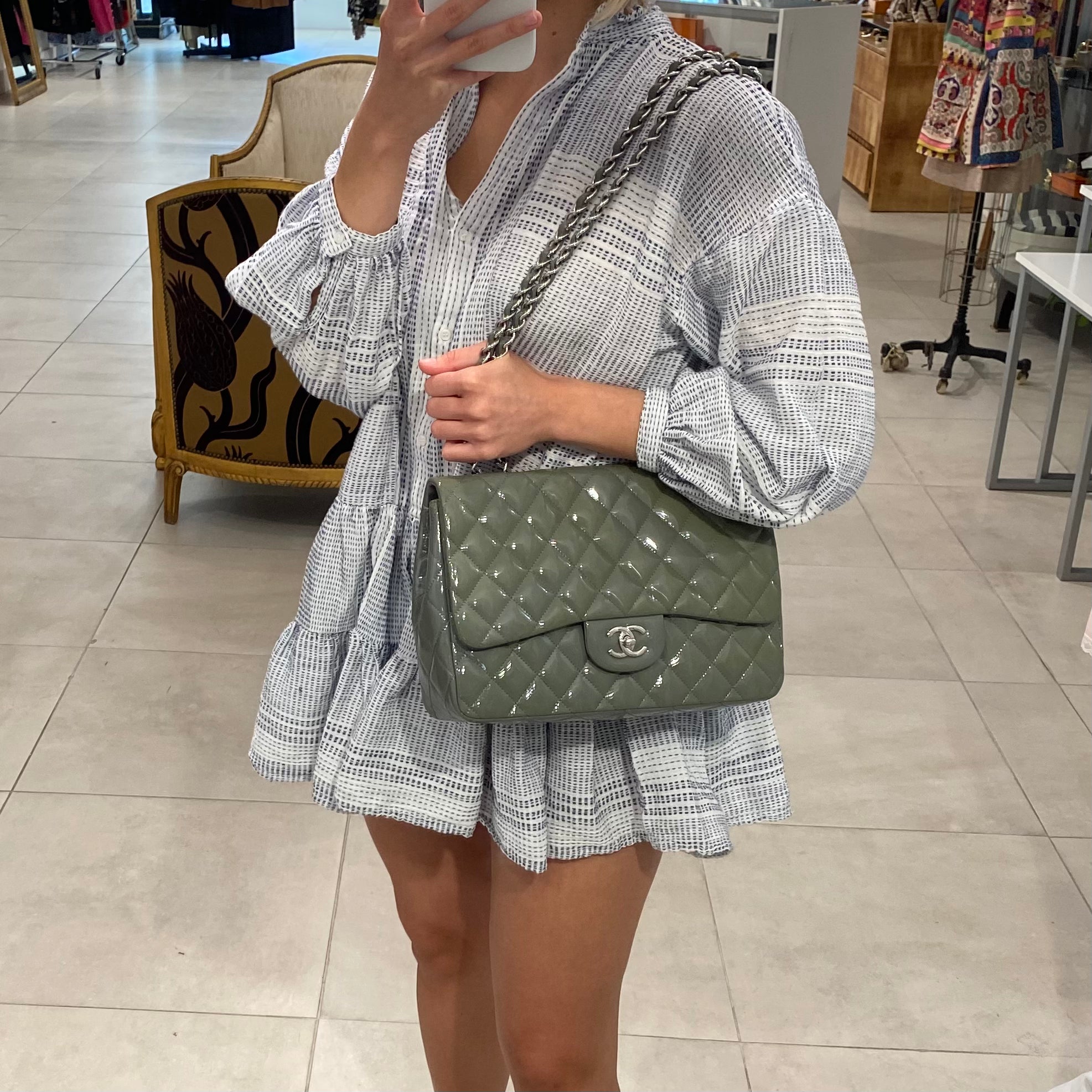 Chanel Grey Patent Jumbo Flap Bag – Dina C's Fab and Funky